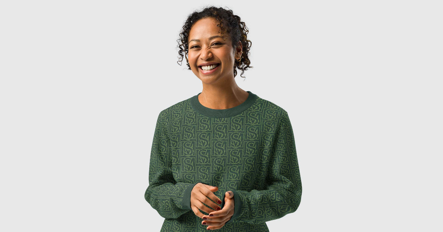 Model wearing SM Jacquard Knit Sweatshirt