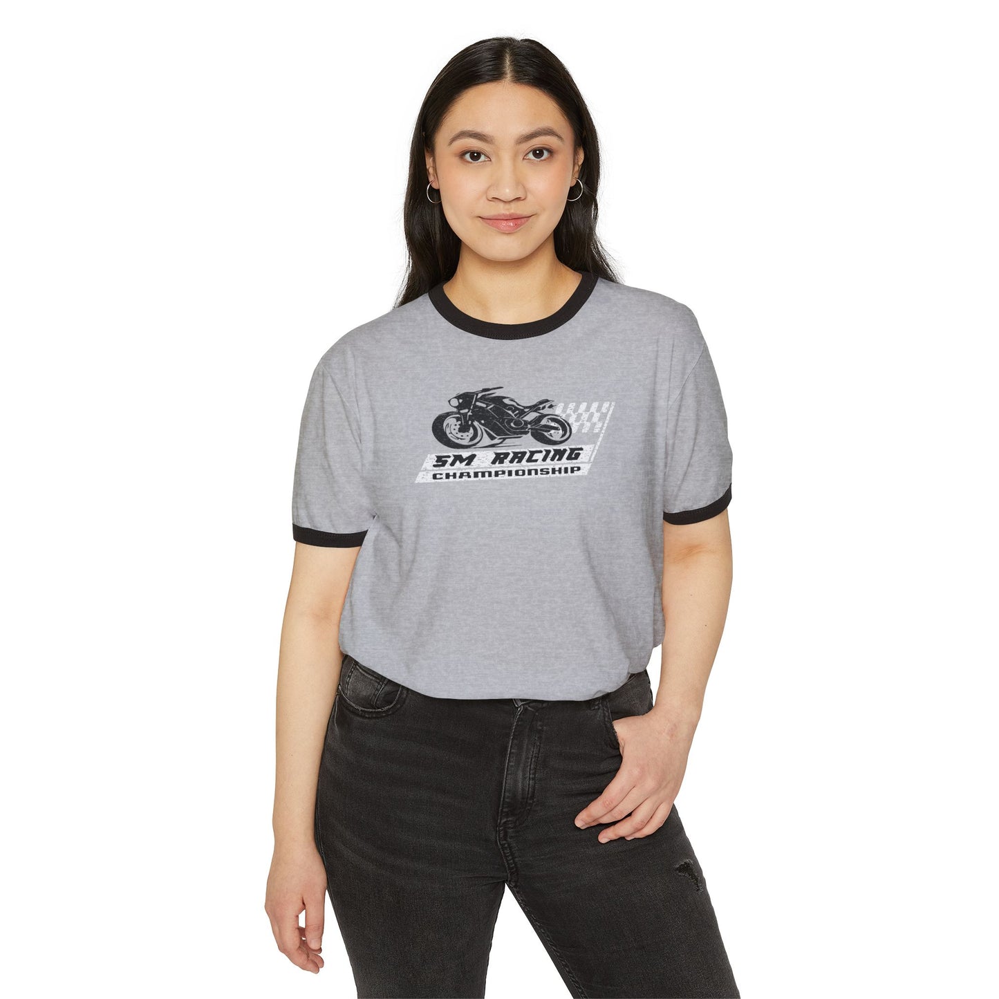 Model wearing SM Racing T-shirt Heather Grey front