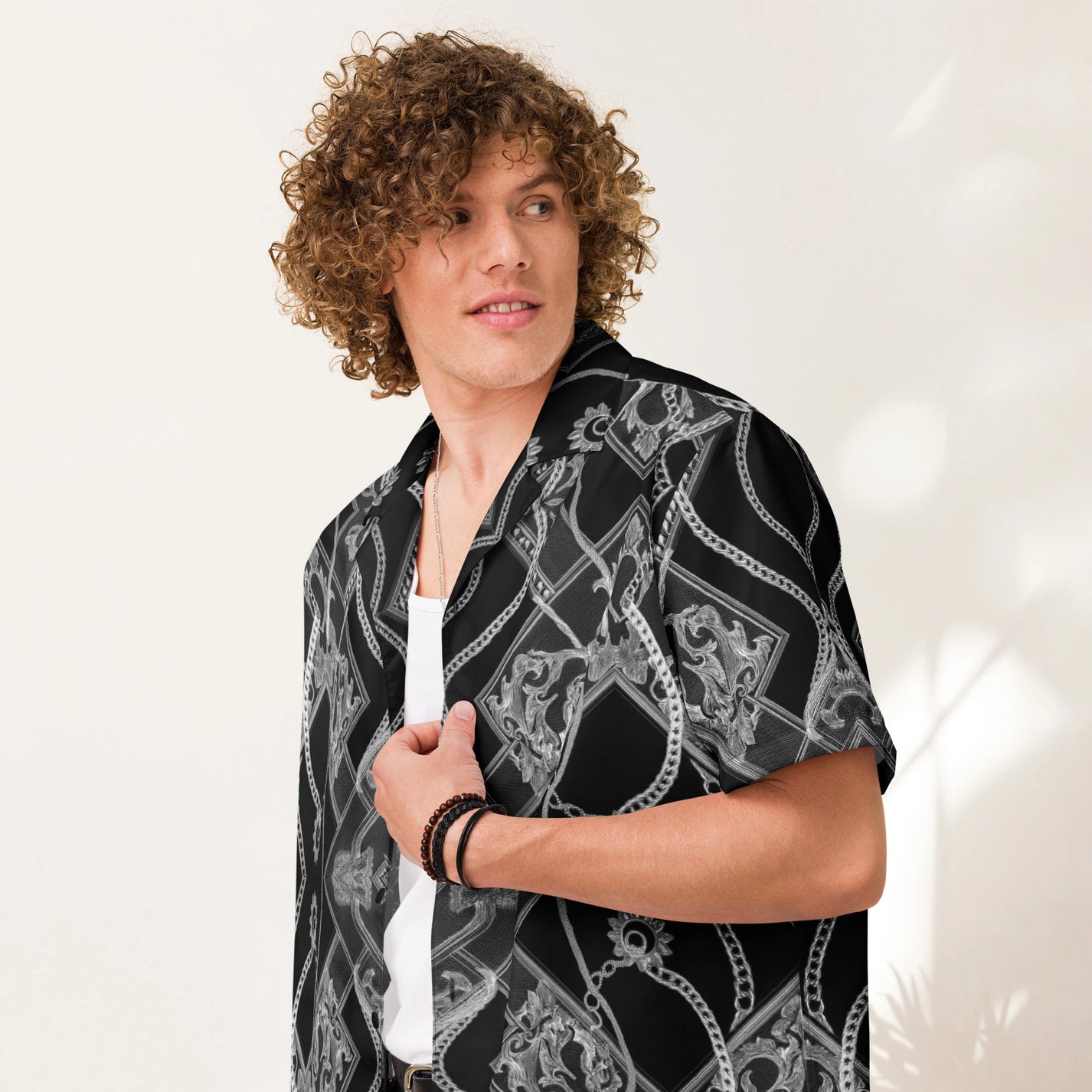 Model wearing SM Gilded Waves shirt