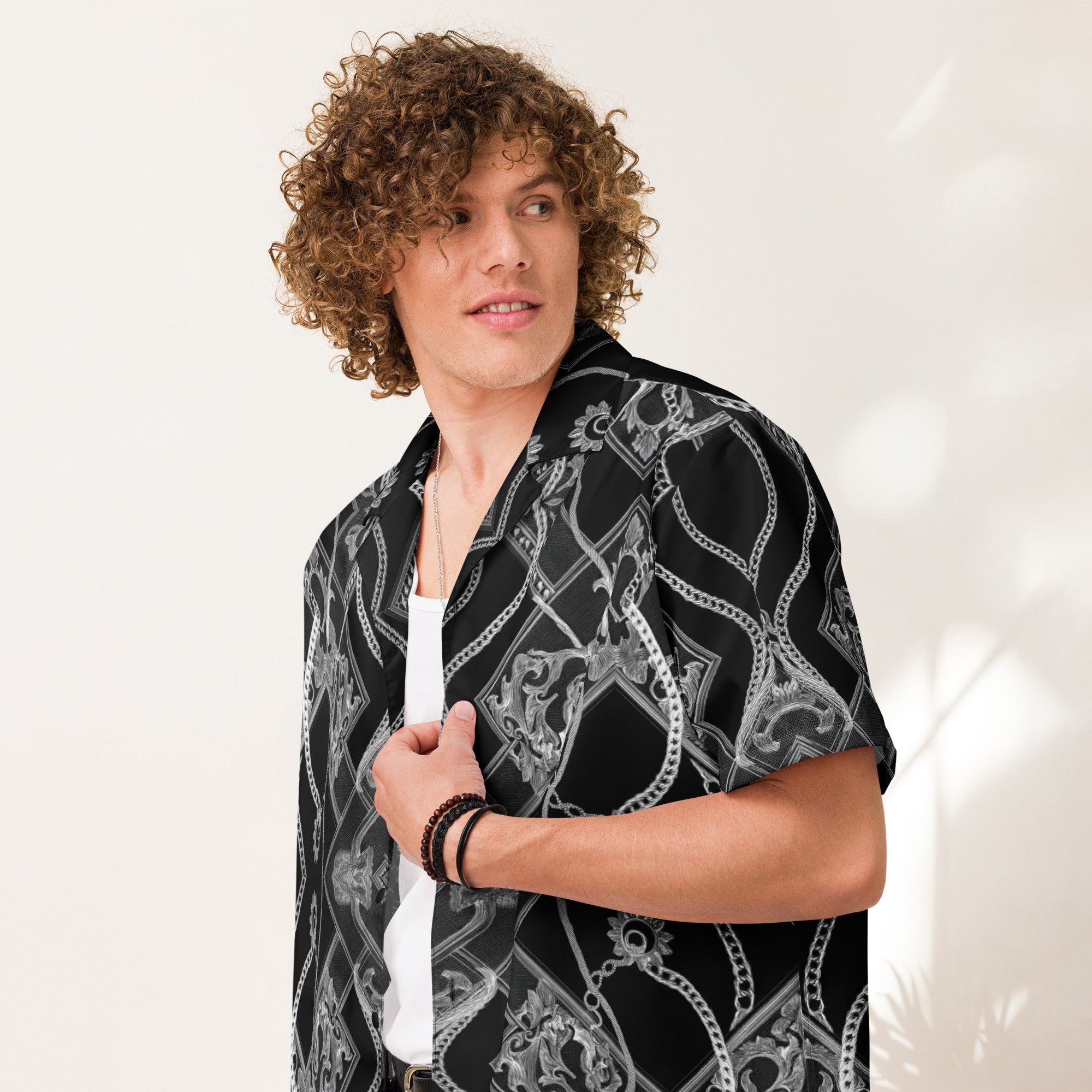 Model wearing SM Gilded Waves shirt black