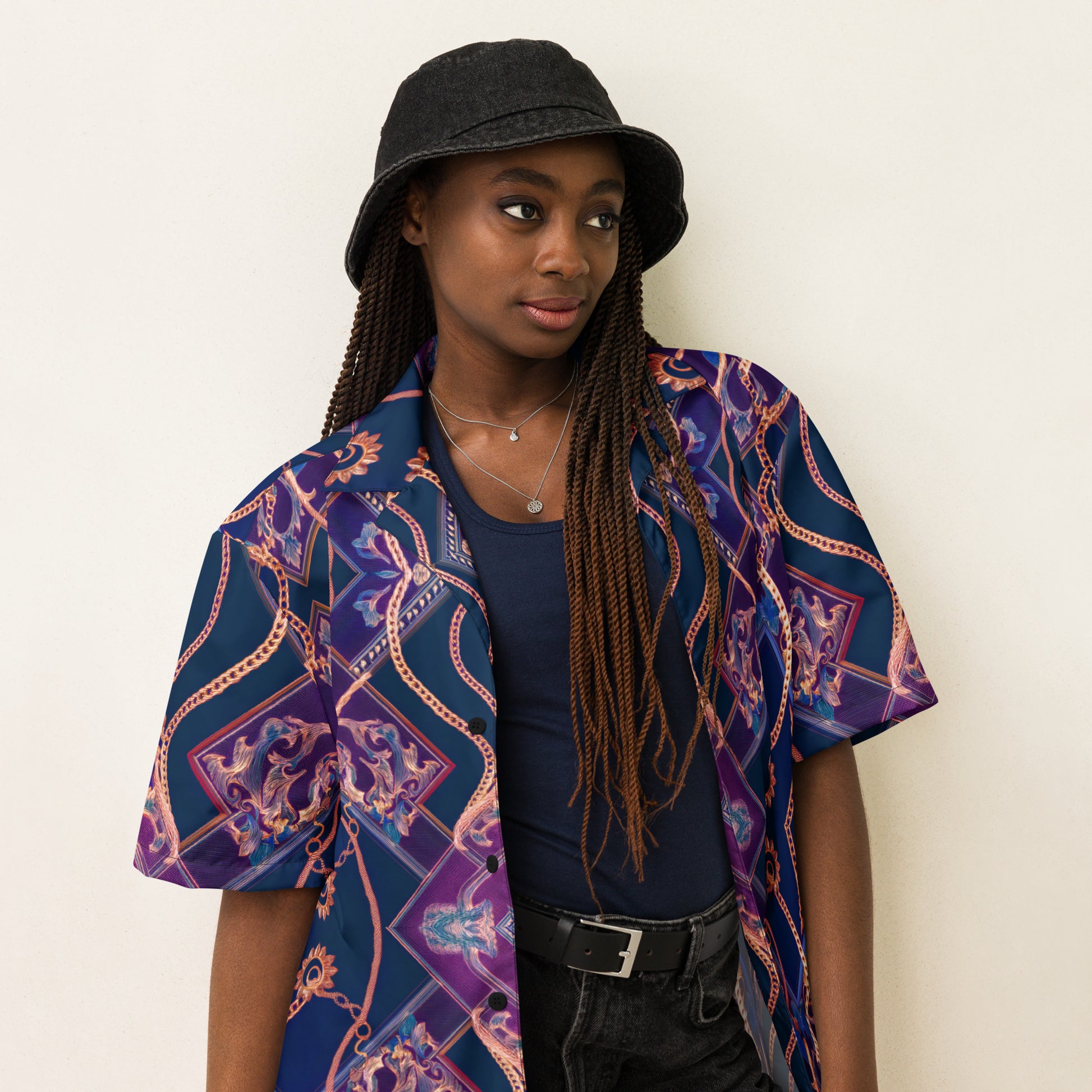 Model wearing SM Gilded Waves Shirt front violet