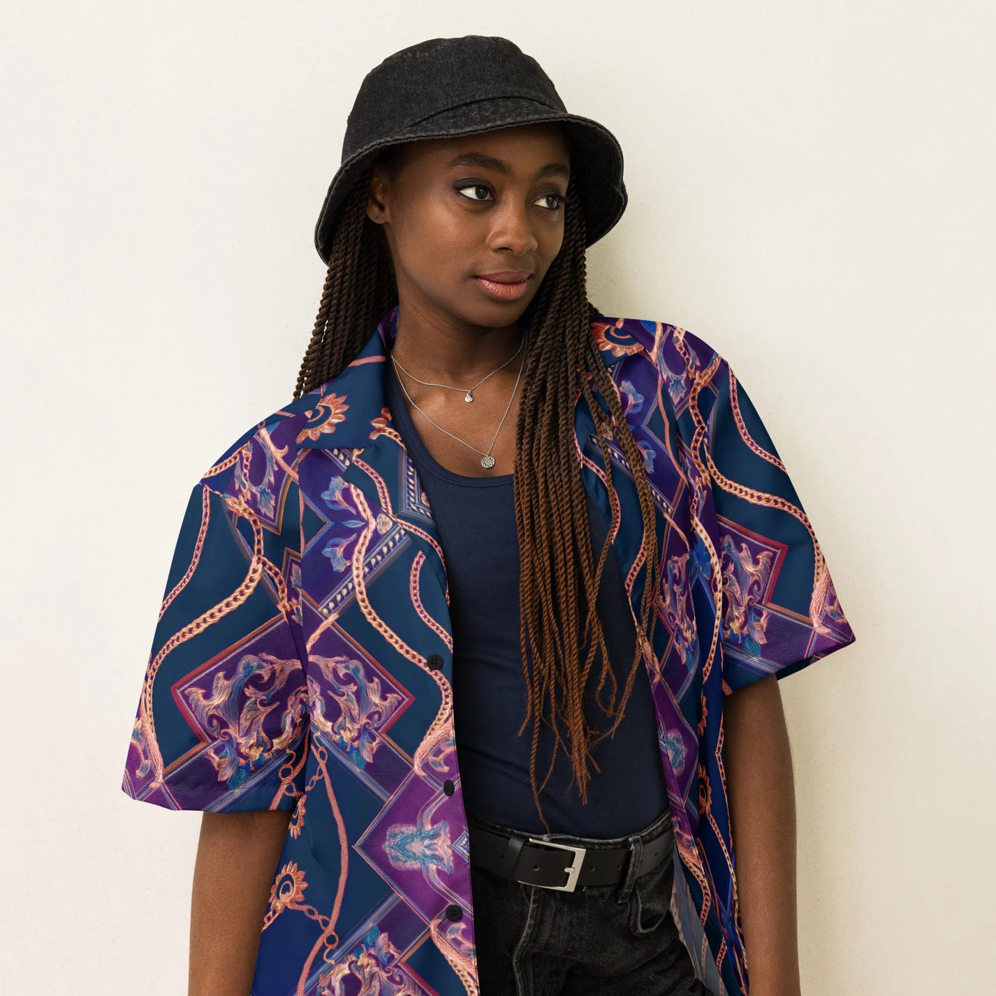 Model wearing Gilded Waves shirt