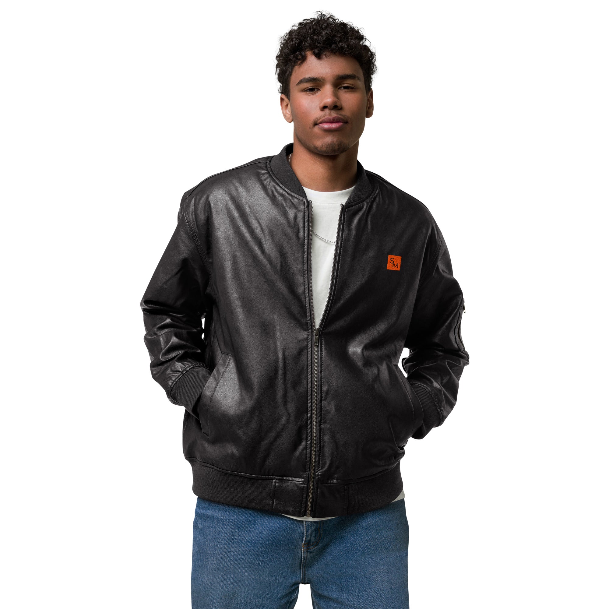 Model wearing SM Leather Bomber Jacket black front