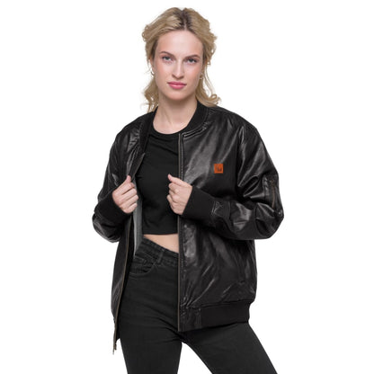 Model wearing SM Leather Bomber Jacket black front