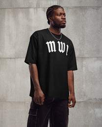 Model wearing SM Script T-shirt front