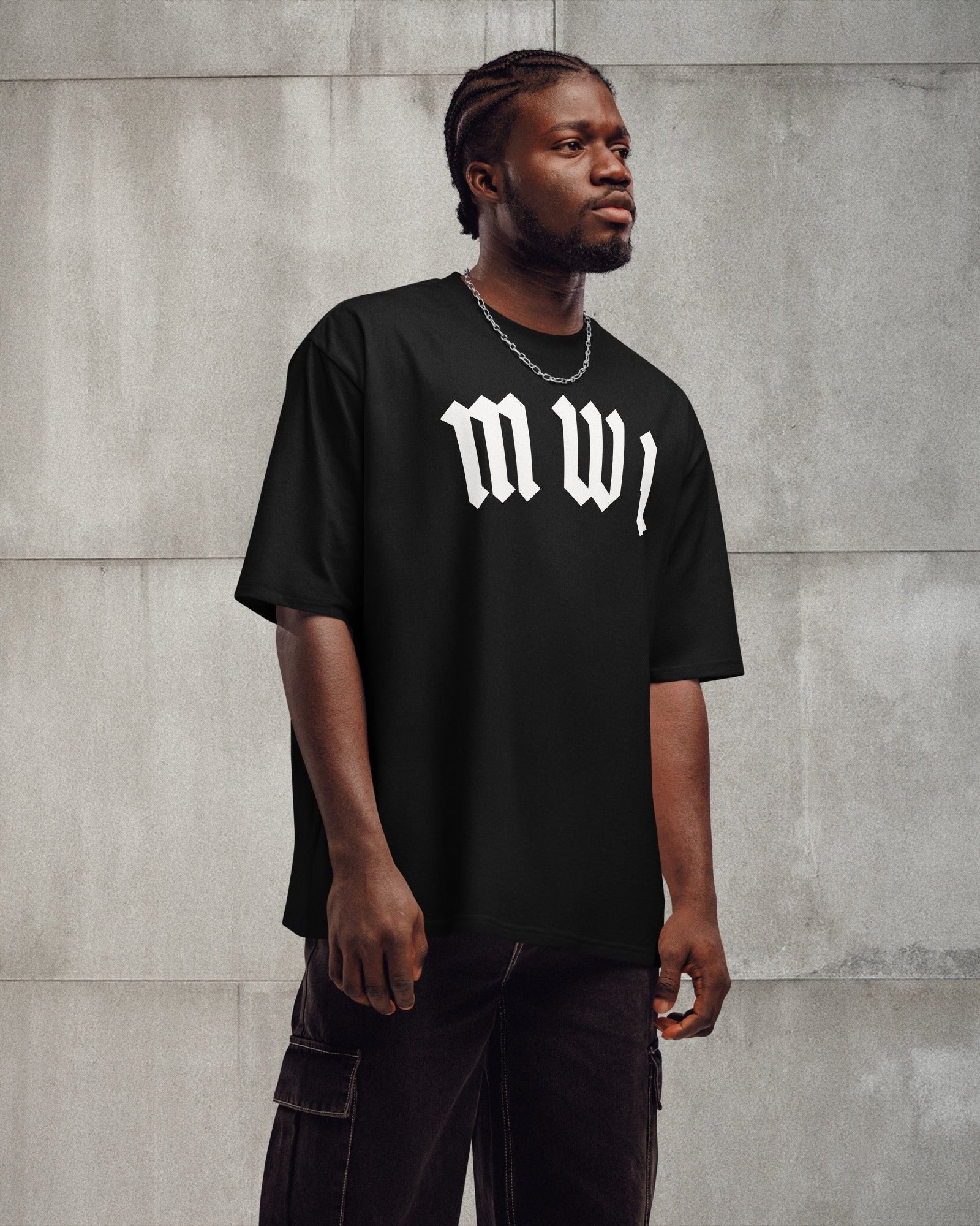 Model wearing SM Script T-shirt front