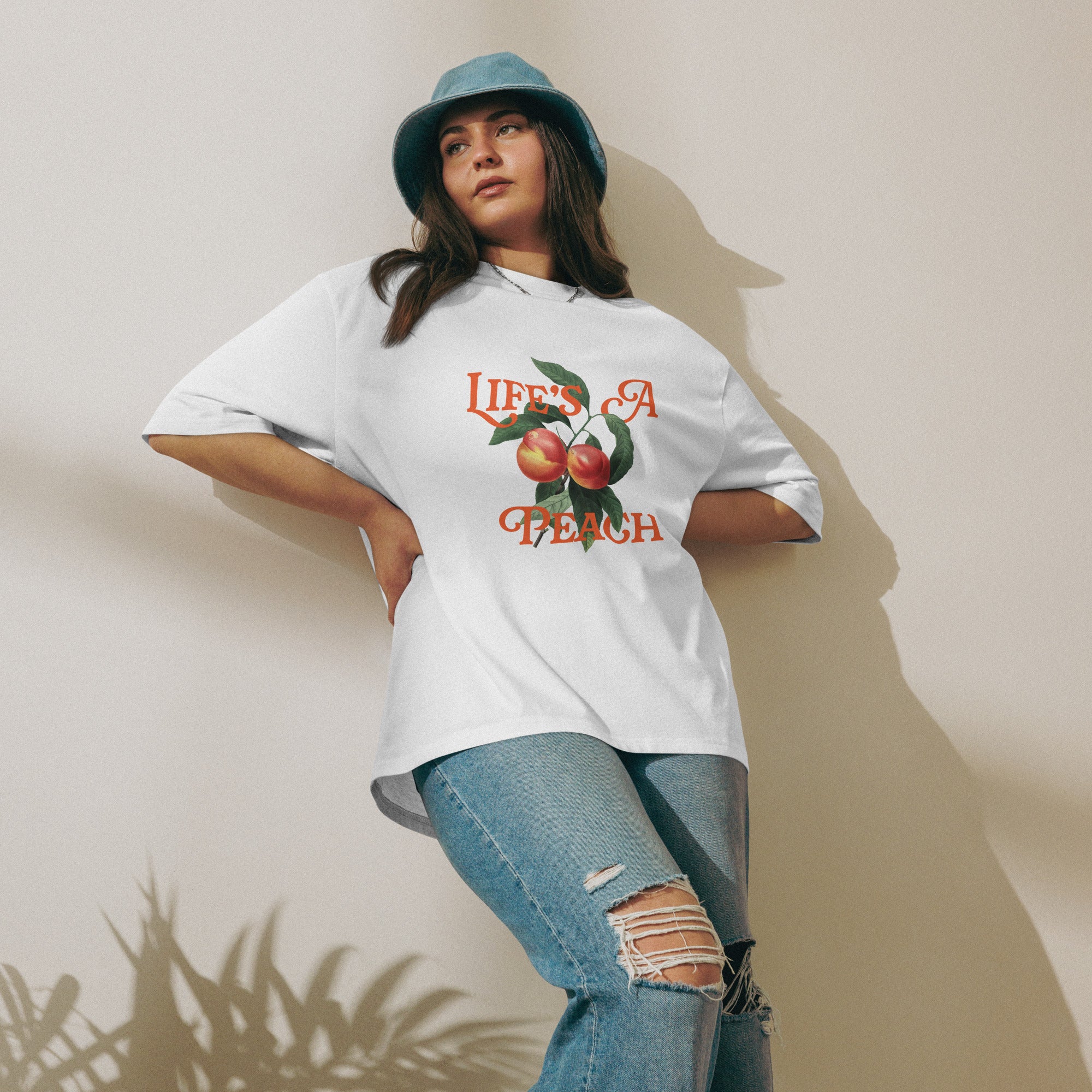 Model wearing SM Life&#39;s A Peach T-shirt